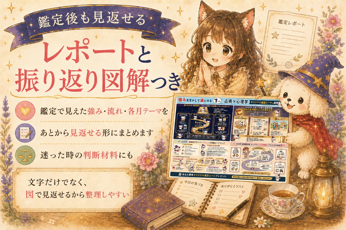 鑑定後も見返せるレポートと振り返り図解のイメージ